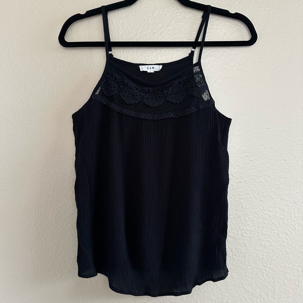 E & M Black Lace Yoke Tank Top | Boho Crochet Detail